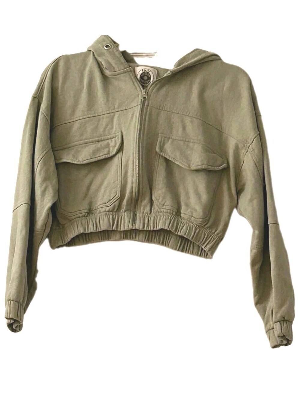 Ashley Vintage Charm Cropped Hoodie Women Size L Green Utility Full Zip Pockets